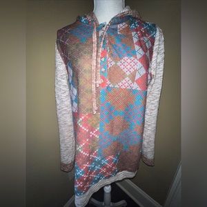 WOMENS SHARON YOUNG PRINTED HOODED BLOUSE Size M Aztec Embroidered